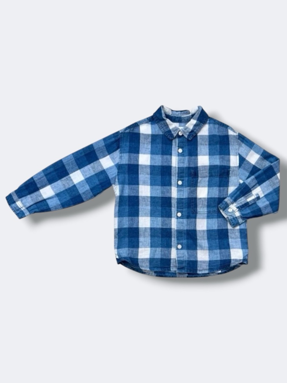 Zara Button Down Shirt Boys 4-5 Blue Plaid Linen Cotton Long Sleeve Casual